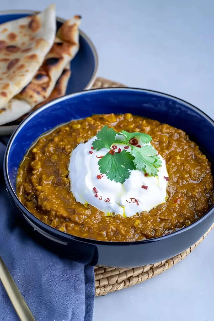 Spiced coconut dhal in a blue ceramic bowl, topped with creamy yogurt and fresh cilantro, ready to be enjoyed with flatbread.