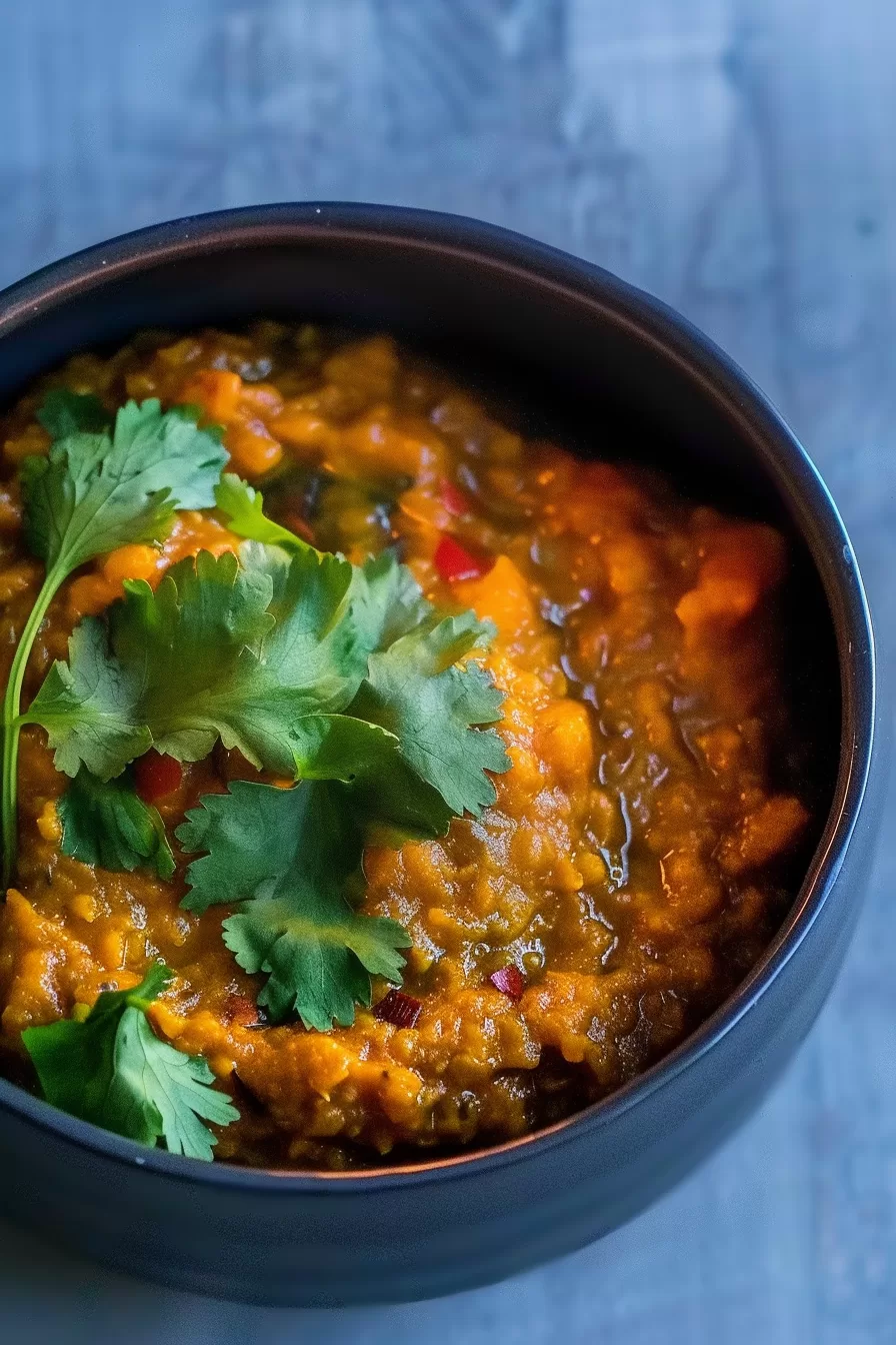 A rich, golden bowl of lentil dhal topped with a dollop of yogurt, garnished with fresh cilantro and red chili flakes.