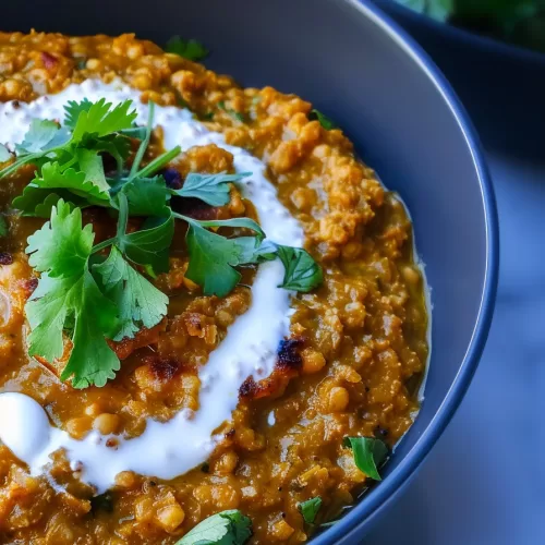 A vibrant serving of coconut dhal with chunks of vegetables, topped with herbs and a swirl of coconut milk, perfect for a cozy dinner.