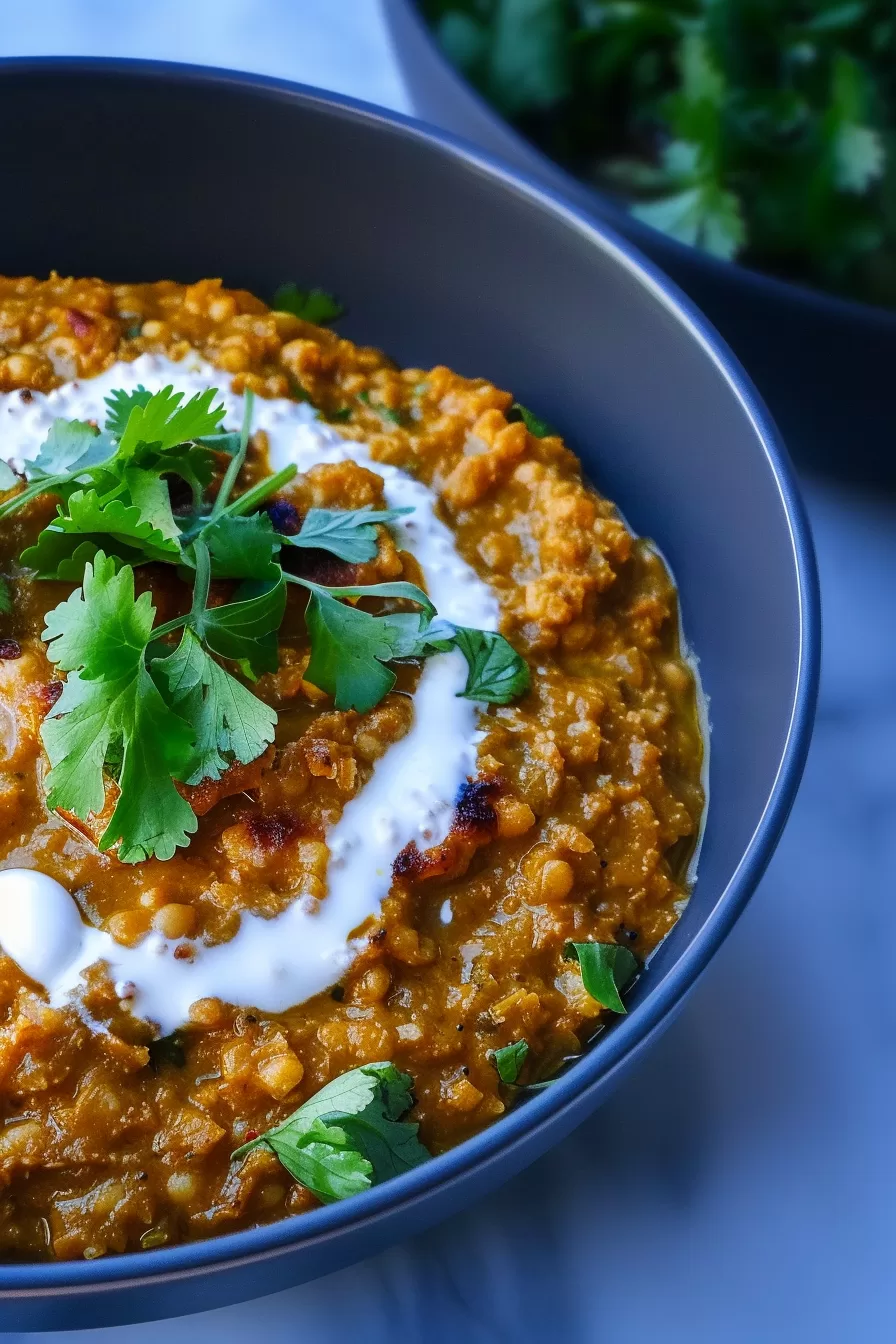 A vibrant serving of coconut dhal with chunks of vegetables, topped with herbs and a swirl of coconut milk, perfect for a cozy dinner.