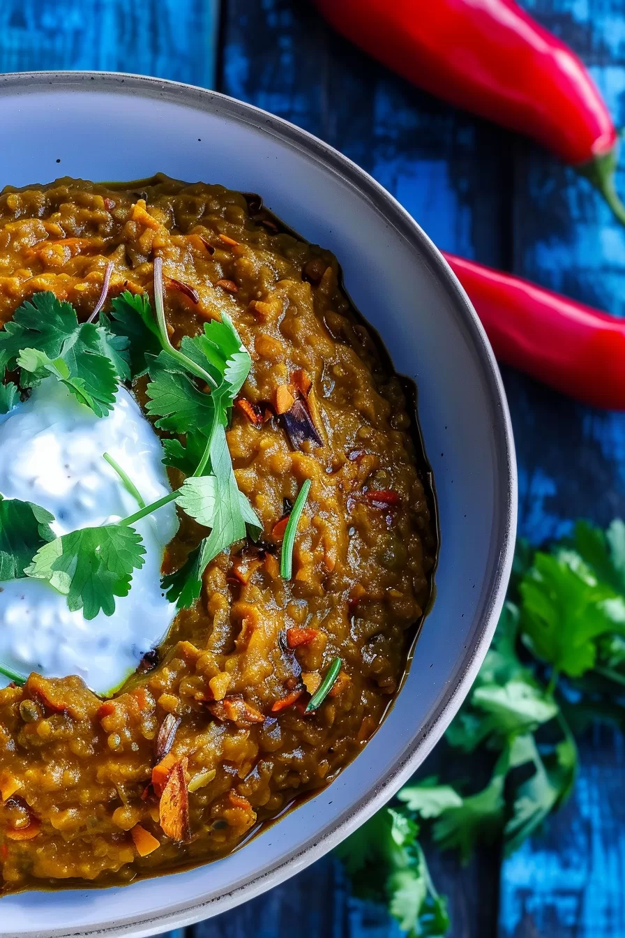 Close-up of a hearty coconut dhal with a velvety texture, garnished with cilantro leaves and a drizzle of coconut cream for a comforting finish.