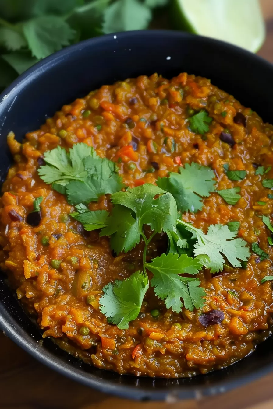 A bowl of coconut dhal with tender lentils, warming spices, and fresh herbs, presented on a dark table with a cozy ambiance.