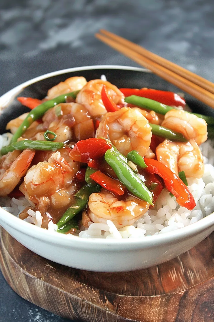 Close-up of shrimp glazed in a glossy sauce with crisp vegetables on a bed of fluffy rice, garnished with green onions.