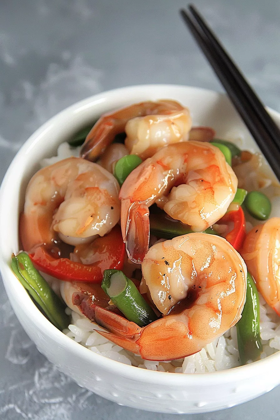 Freshly cooked shrimp and vegetable stir-fry with a thick, savory sauce served over rice, with chopsticks resting on the bowl.