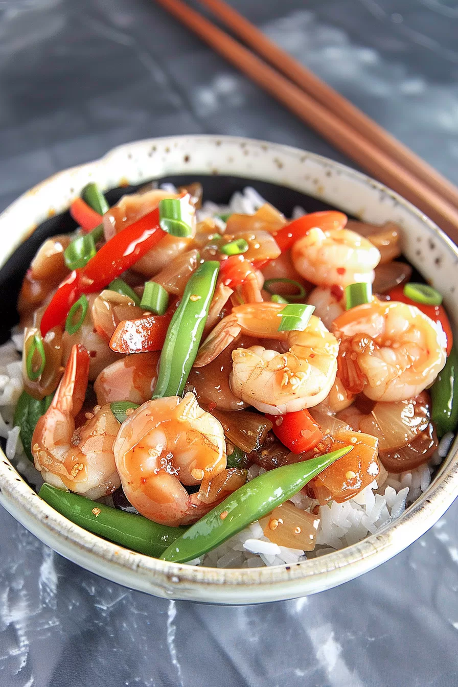 A bowl of shrimp stir-fry with green beans, red bell peppers, and a savory sauce served over steamed white rice.