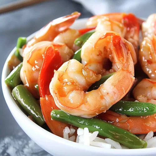 Vibrant shrimp and vegetable stir-fry featuring tender shrimp, red peppers, and green beans, coated in a rich sauce.