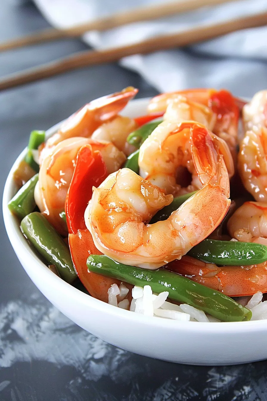 Vibrant shrimp and vegetable stir-fry featuring tender shrimp, red peppers, and green beans, coated in a rich sauce.