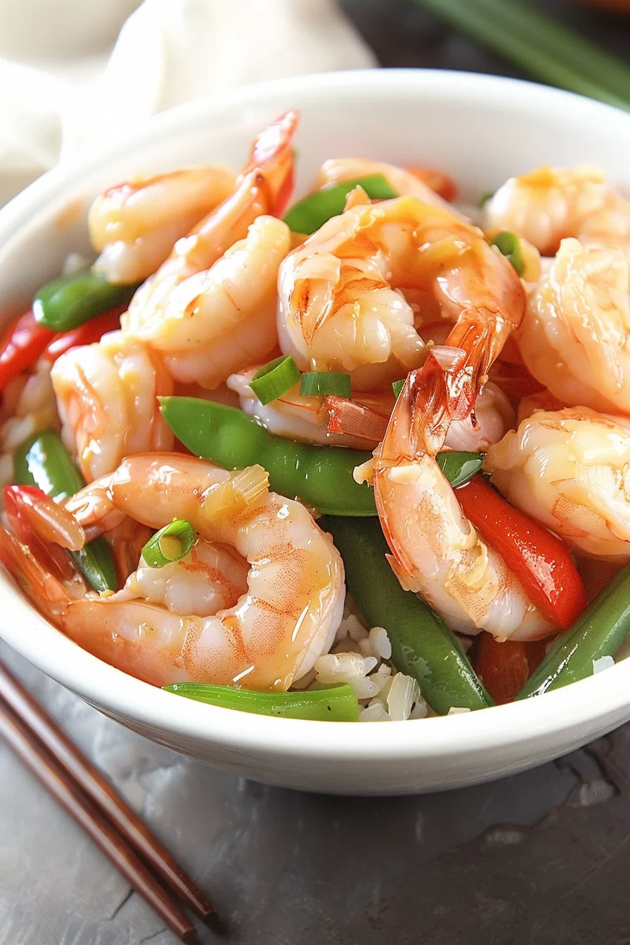 A perfectly plated shrimp stir-fry dish with a blend of colorful vegetables and sauce, served in a white bowl.