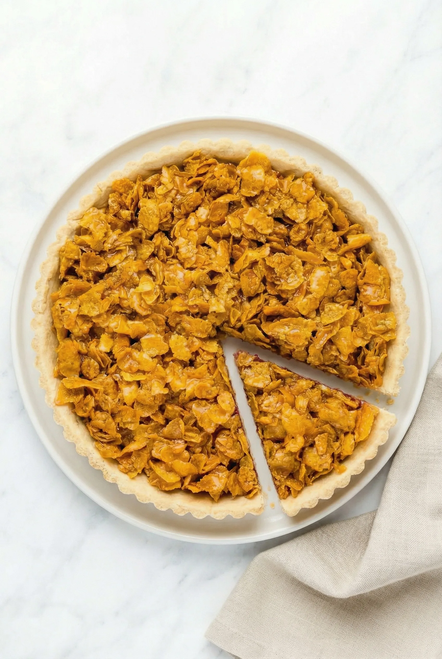 Cornflake Cake with one slice removed showing the jam layer and crunchy cornflake topping