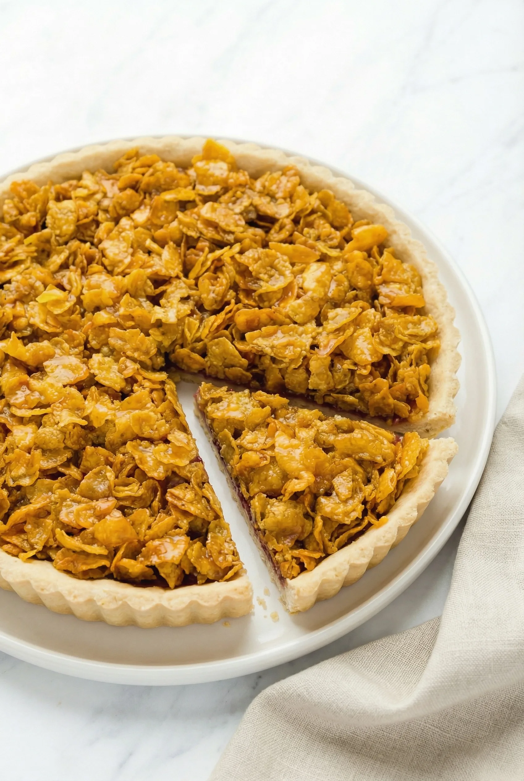 Close-up of crunchy cornflake topping baked until golden and glossy
