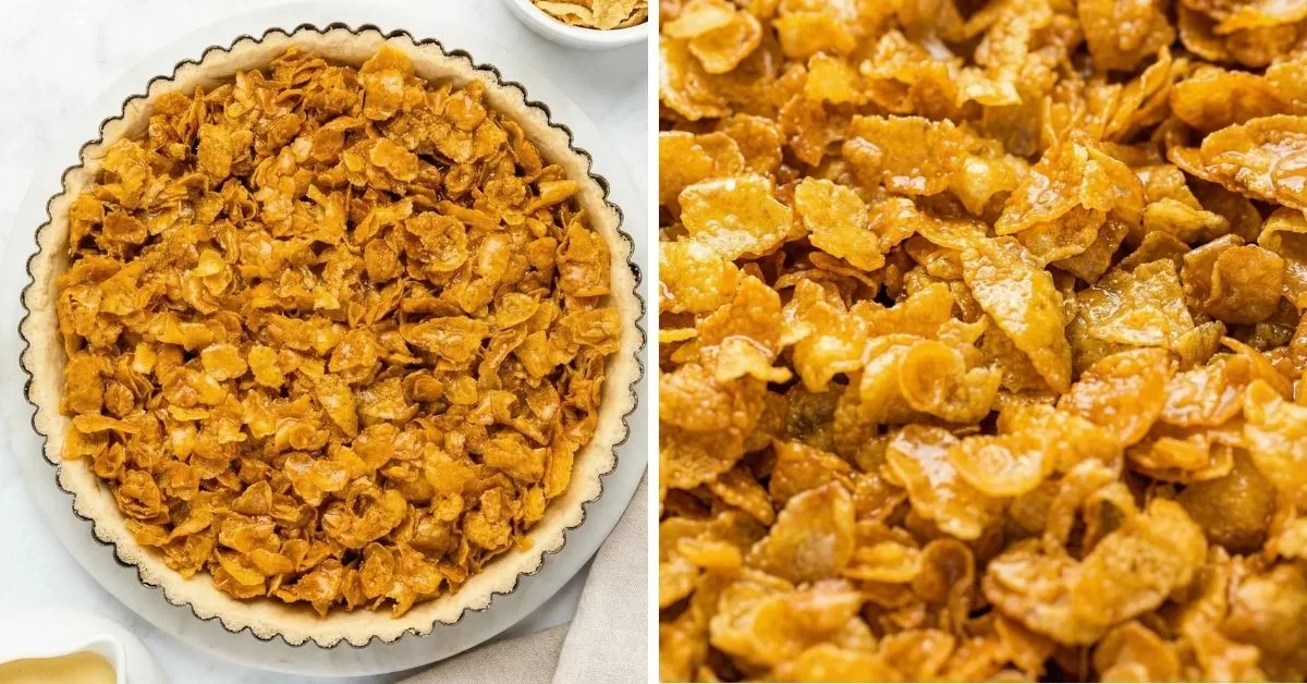 Overhead view and detailed close-up showing the crunchy cornflake topping on a baked tart