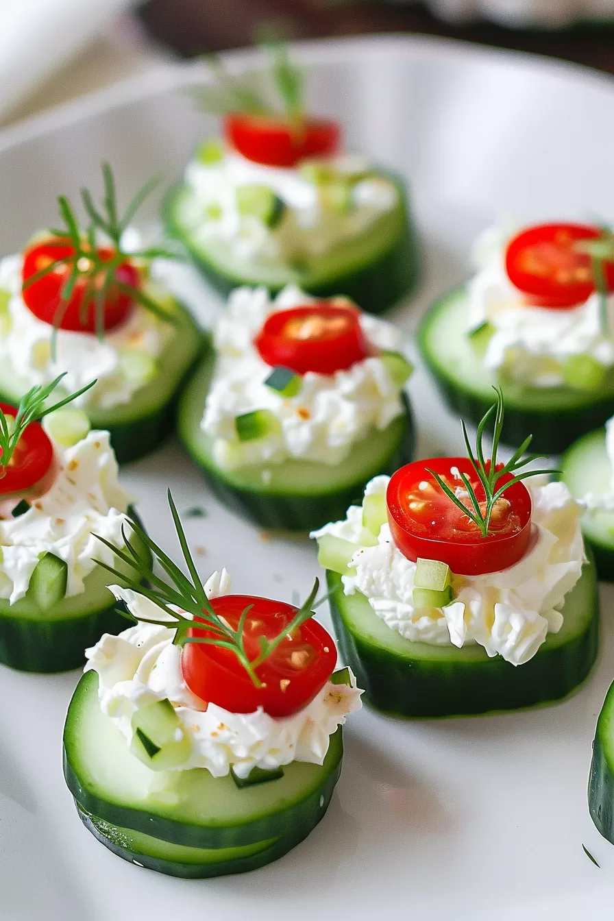 Close-up of cucumber slices topped with cream cheese, cherry tomato halves, and fresh dill on a white platter, perfect for a party appetizer.