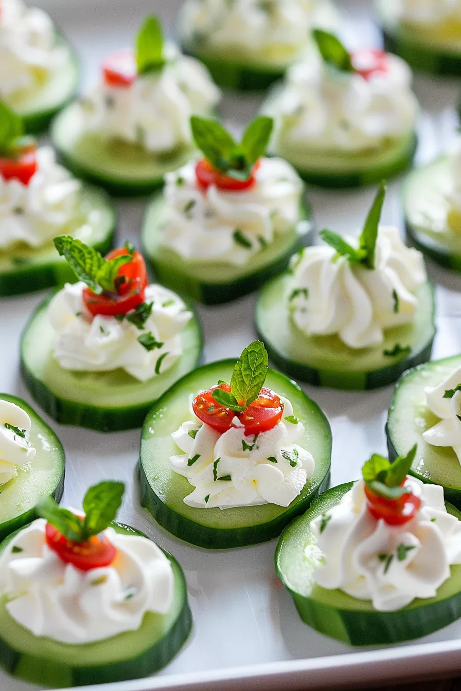 A plate of cucumber bites with piped cream cheese, diced cucumbers, and cherry tomatoes, garnished with herbs for a fresh appetizer idea.