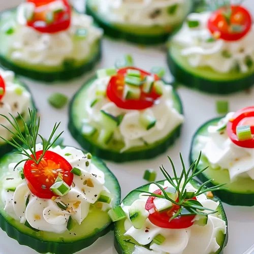 Cream cheese cucumber bites beautifully arranged with cherry tomatoes, fresh herbs, and a sprinkle of spices on a serving dish.