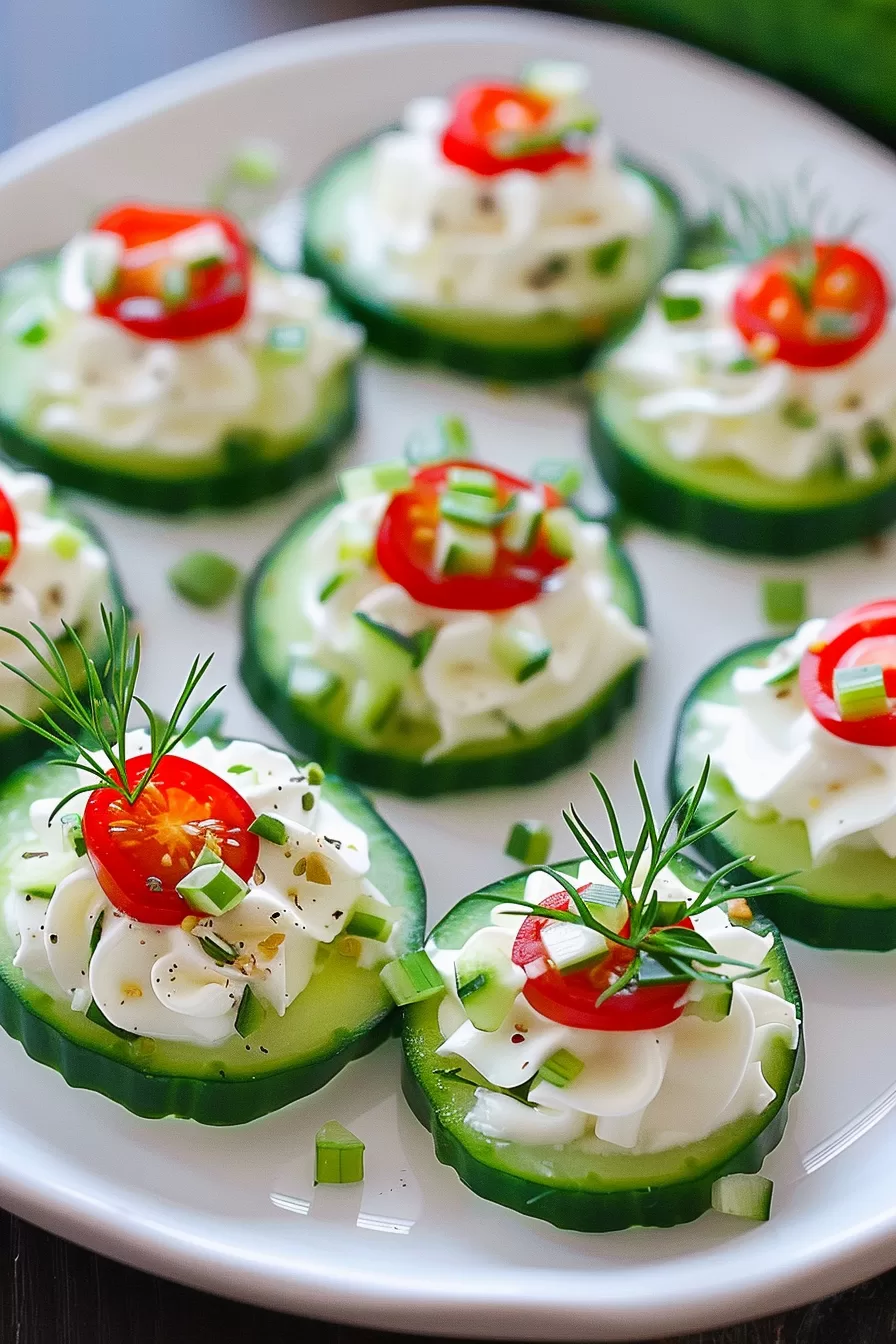 Cream cheese cucumber bites beautifully arranged with cherry tomatoes, fresh herbs, and a sprinkle of spices on a serving dish.