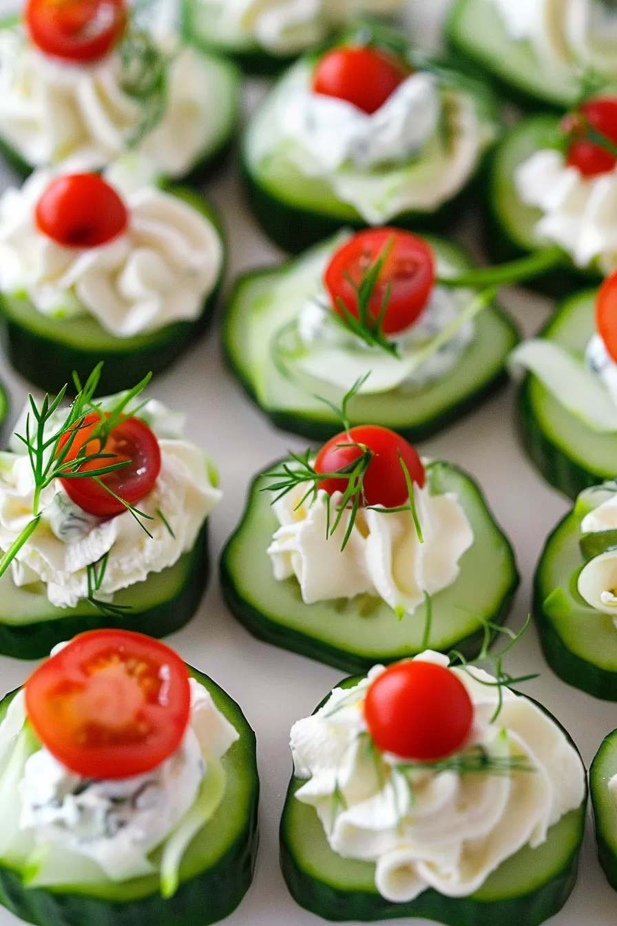 Elegant cucumber rounds topped with fluffy cream cheese, cherry tomatoes, and dill, ready to serve as a refreshing party snack.