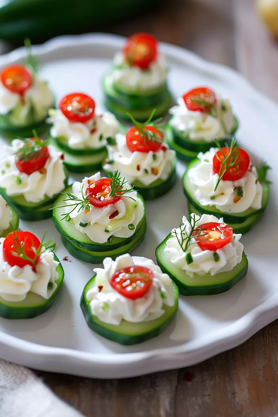 A white plate filled with cucumber slices topped with piped cream cheese, tomatoes, and fresh herbs, ideal for summer gatherings.