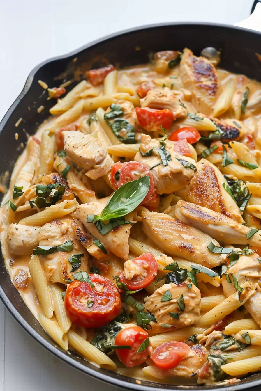 Close-up of a skillet filled with creamy chicken and tomato pasta, garnished with fresh basil leaves.