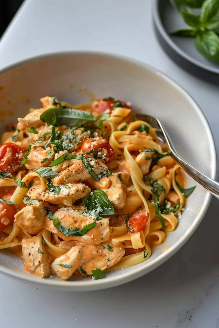 A bowl of creamy pasta topped with diced chicken, cherry tomatoes, and shredded Parmesan cheese, served with a fork.