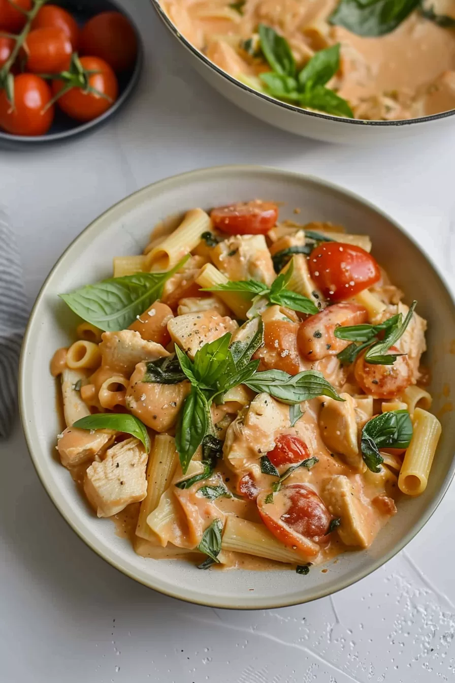 A hearty plate of penne pasta mixed with creamy tomato sauce, chicken, and fresh basil leaves, ready to enjoy.