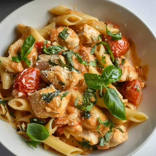 A vibrant dish of creamy chicken and tomato pasta with a sprinkle of Parmesan and fresh herbs on top.