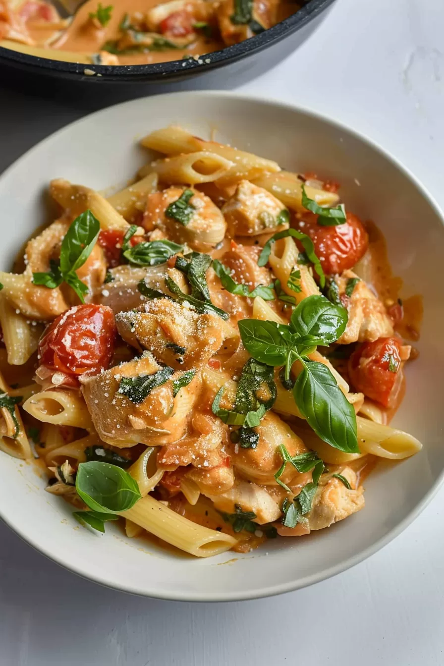 A vibrant dish of creamy chicken and tomato pasta with a sprinkle of Parmesan and fresh herbs on top.