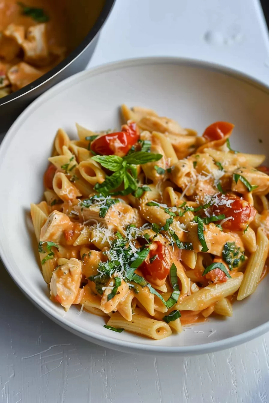 Creamy tomato pasta with tender chicken pieces and fresh basil, served in a white bowl for a comforting meal.