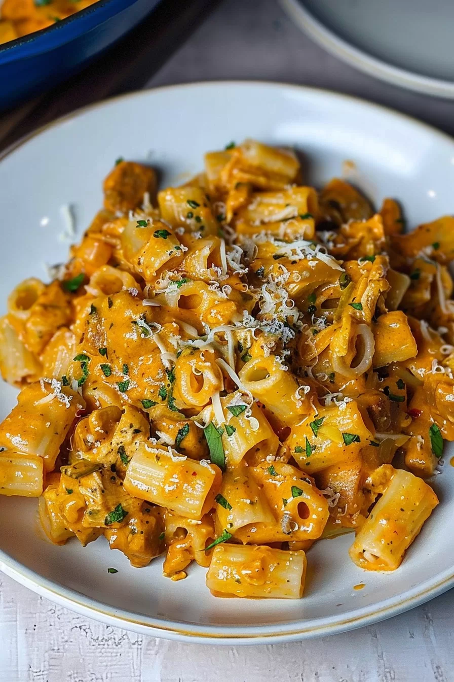 Plate of rigatoni pasta tossed in a velvety, spicy chorizo sauce, topped with cheese shavings and parsley.