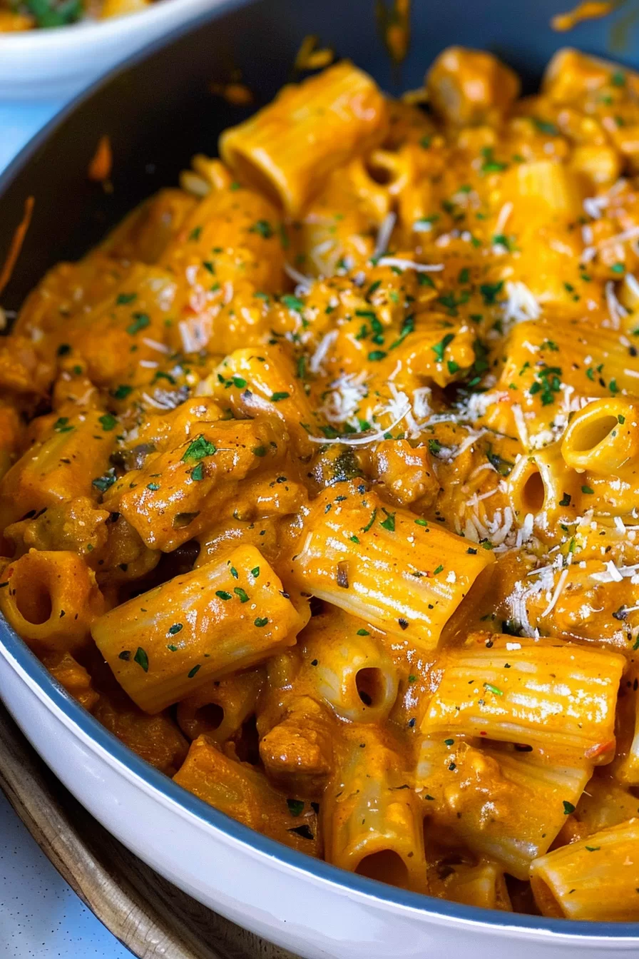 Close-up shot of rigatoni pasta coated in a creamy chorizo sauce, topped with freshly grated cheese and chopped parsley.