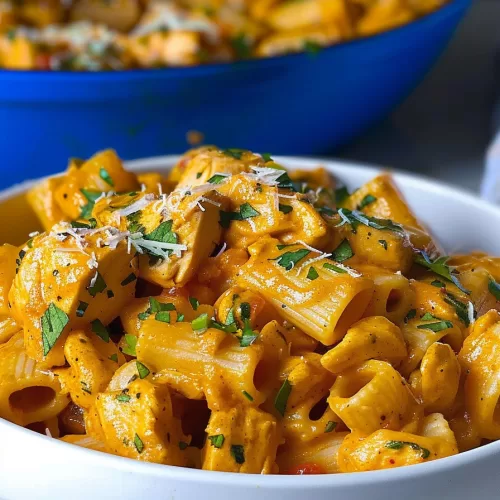 A serving of pasta with a rich, orange-hued chorizo sauce, garnished with herbs and Parmesan, presented in a ceramic bowl.