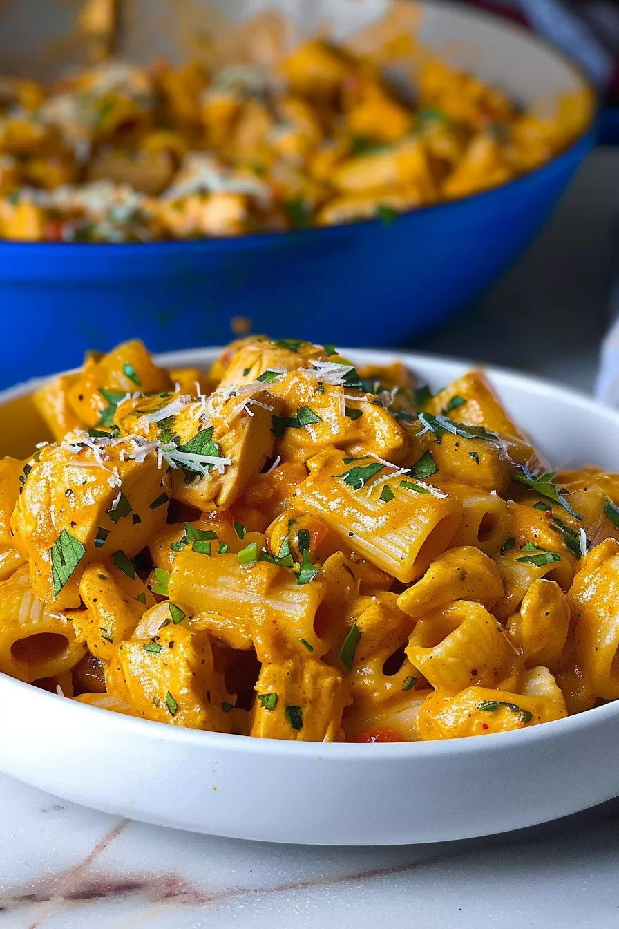 A serving of pasta with a rich, orange-hued chorizo sauce, garnished with herbs and Parmesan, presented in a ceramic bowl.