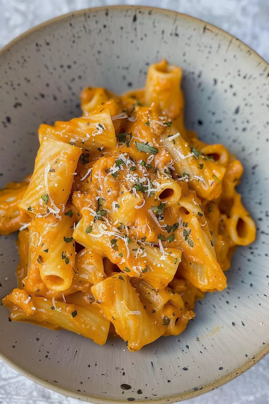 Large skillet filled with creamy chorizo pasta, finished with a sprinkle of cheese and green herbs for contrast.