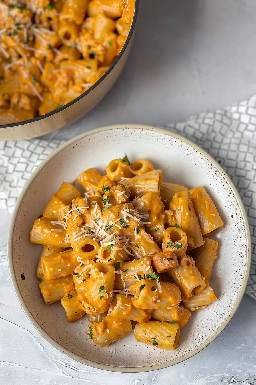 Overhead view of a bowl of pasta coated in a rich chorizo sauce, with visible chunks of chorizo, parsley, and a light dusting of Parmesan.