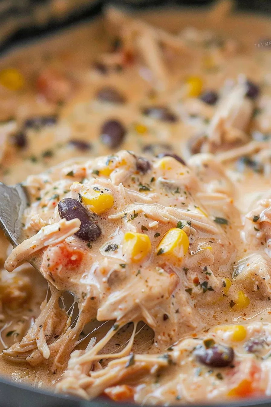 Close-up of creamy chicken chili with beans, corn, and melted cheese served in a crockpot.