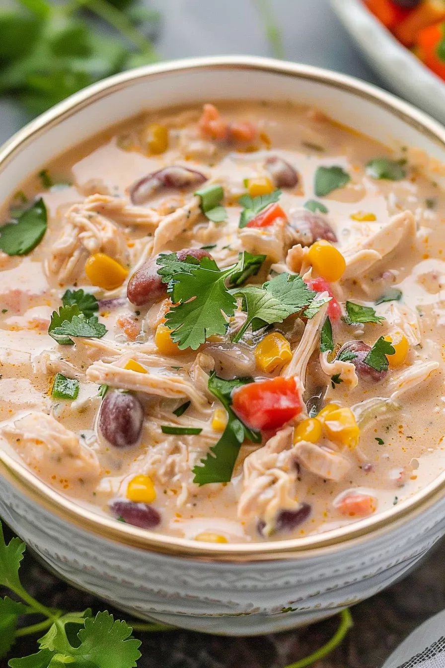 A hearty bowl of cream cheese chicken chili topped with fresh cilantro and vibrant vegetables.