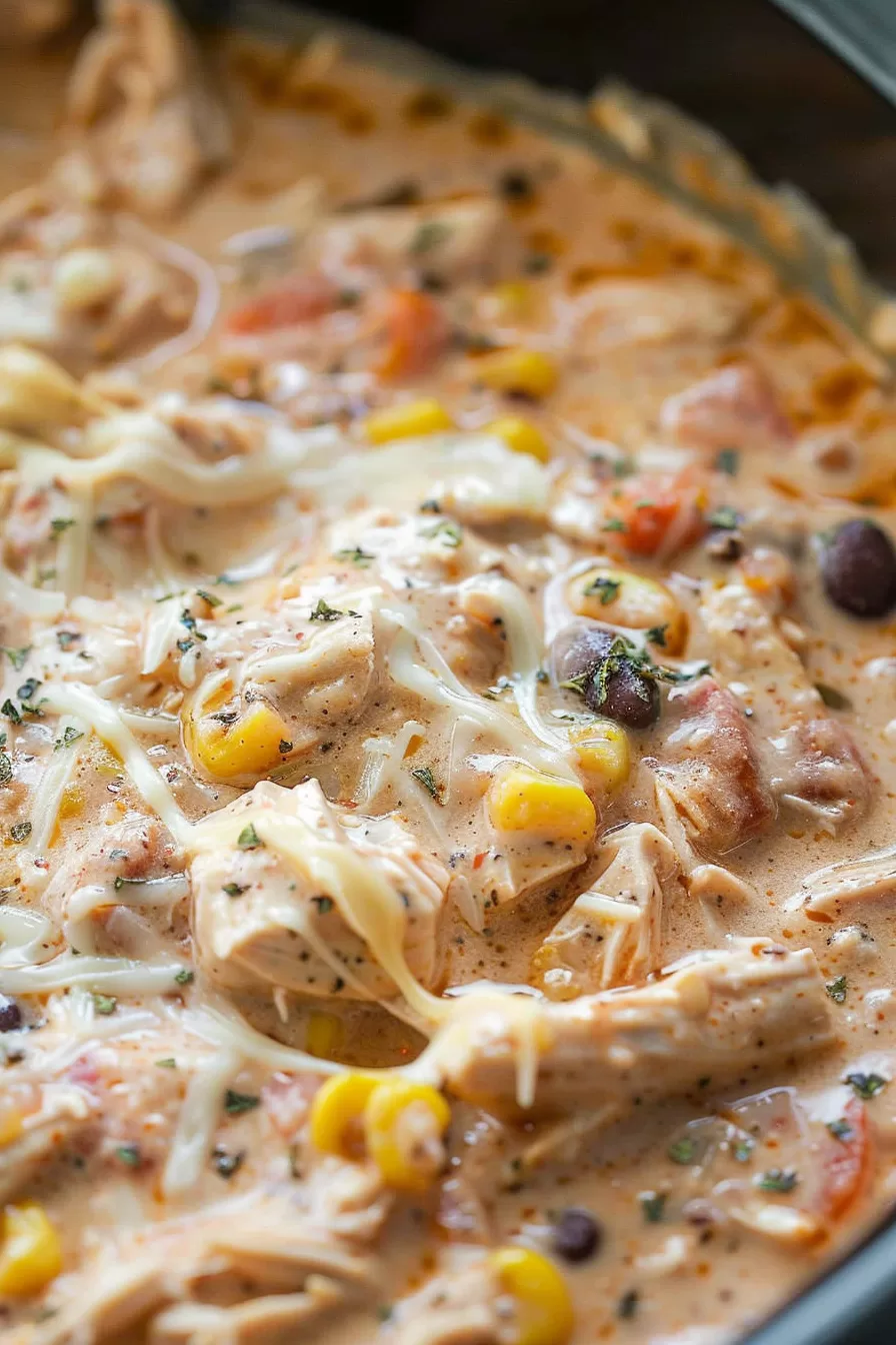 Tender shredded chicken and colorful beans in a velvety cream cheese sauce, garnished with fresh herbs.