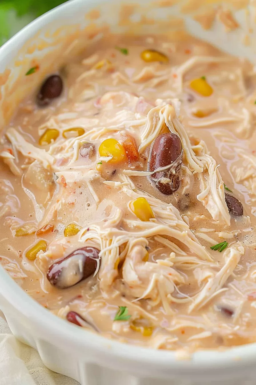 Warm and hearty crockpot chicken chili served with a medley of beans, corn, and creamy broth.