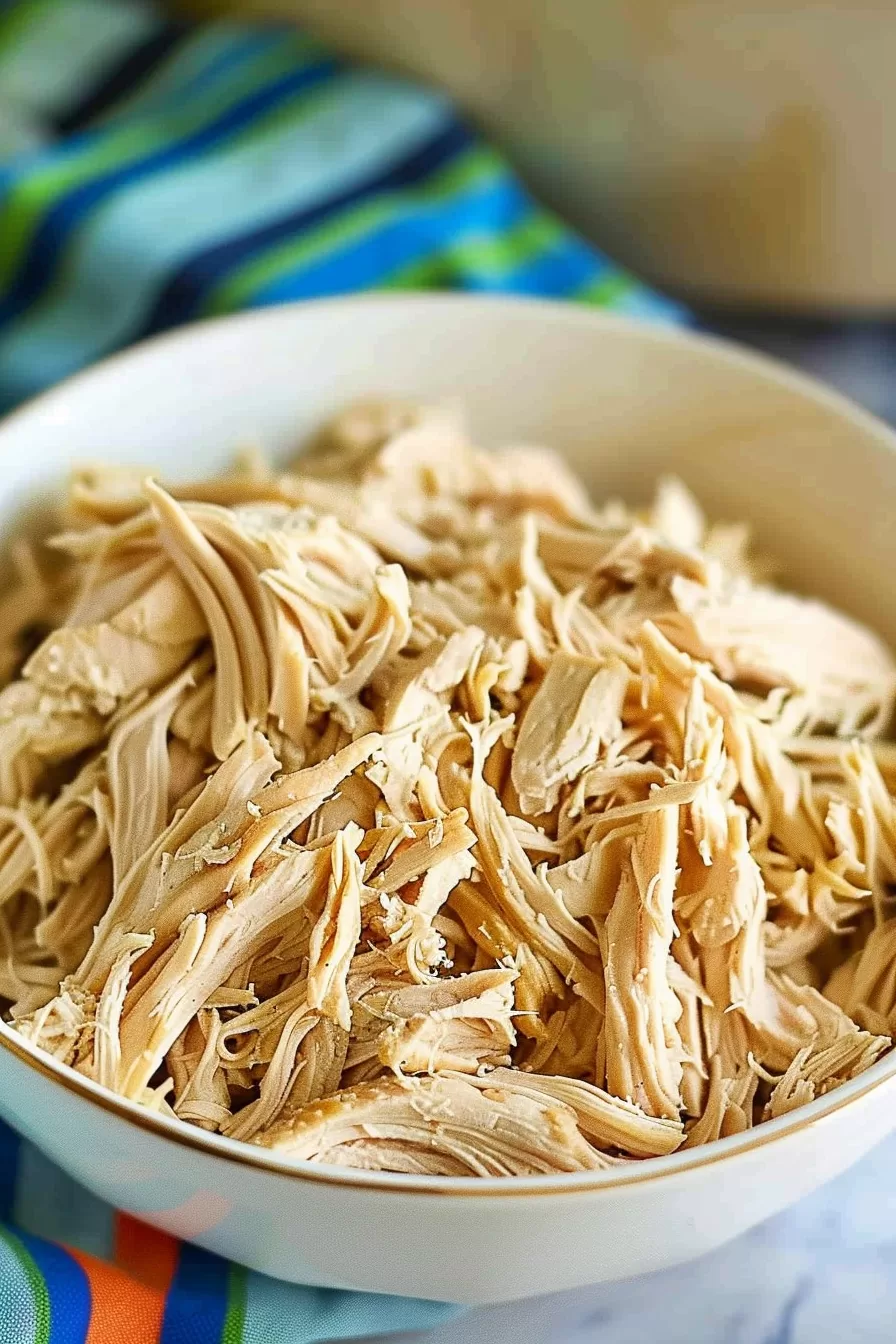 Shredded chicken breast in a bowl, with strands of juicy, cooked chicken ready for sandwiches or tacos.