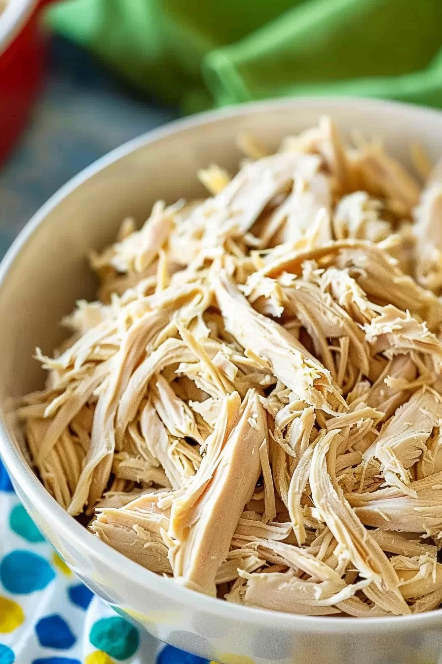 Close-up of tender shredded chicken breast served in a white bowl, perfect for meal prep or adding to various dishes.