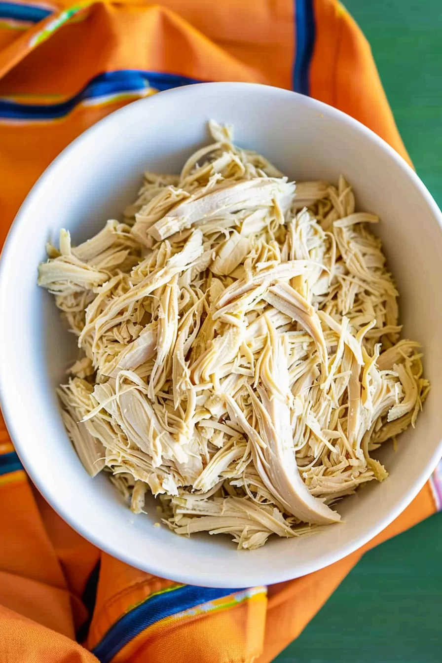 Perfectly shredded chicken breast displayed in a white serving bowl, ideal for casseroles, wraps, or salads.