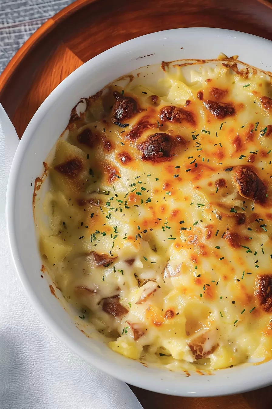 Slices of tender potatoes layered in a rich cheese sauce, baked until golden and slightly crispy on the edges.