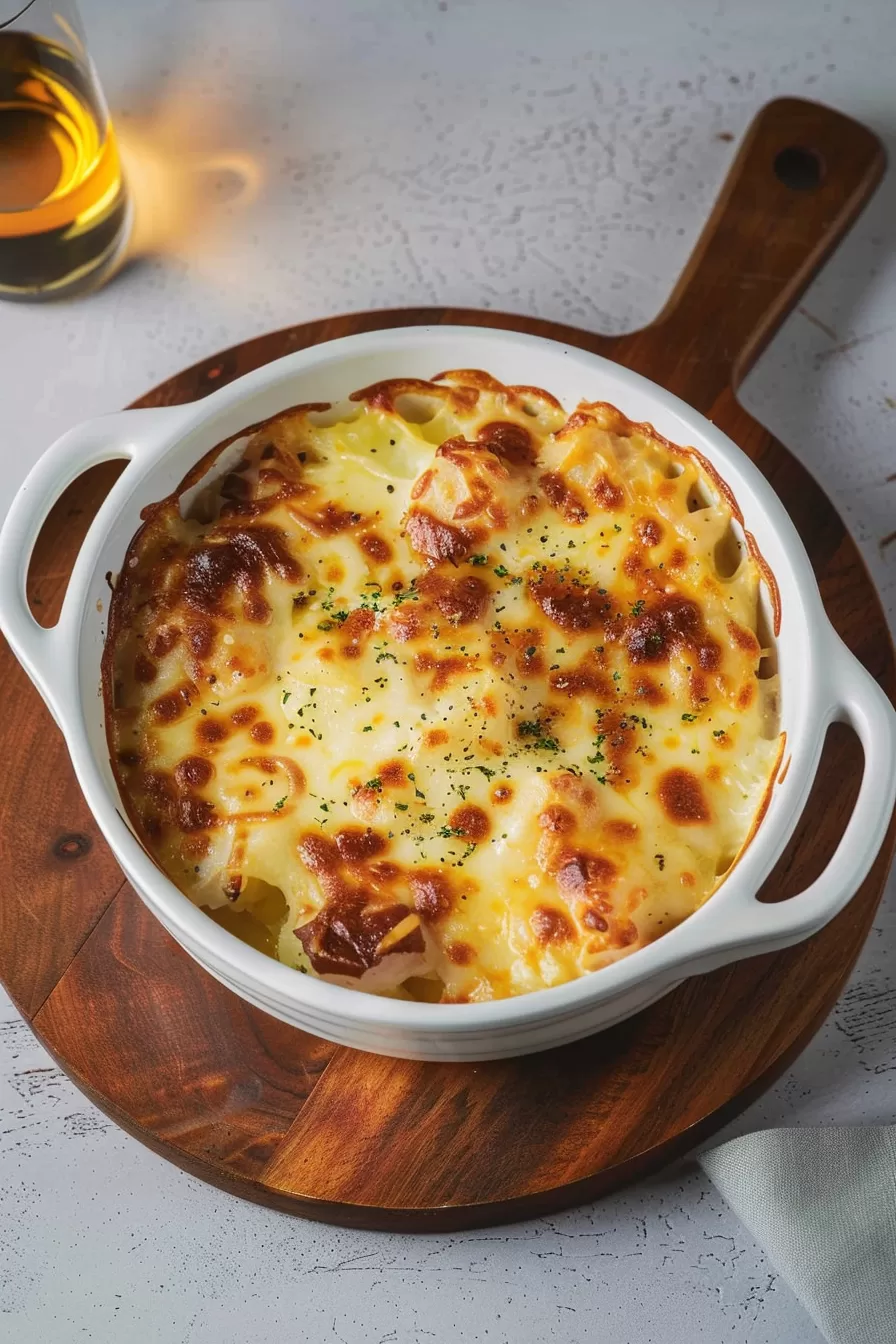 A serving of Delmonico potatoes with melted cheese, browned to perfection, and garnished with fresh herbs on a wooden board.