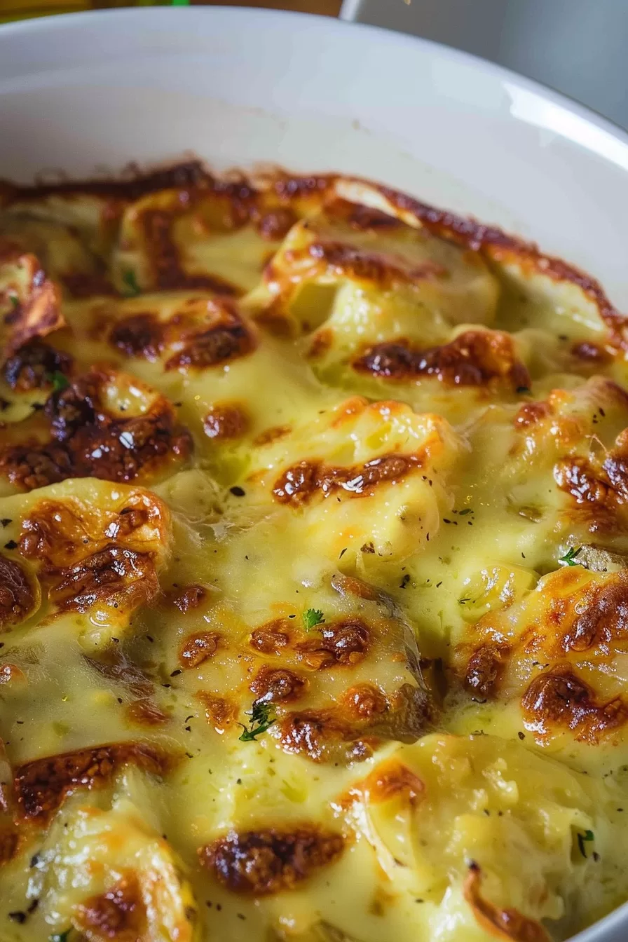 A close-up of a creamy, golden-brown Delmonico potato casserole with bubbly cheese, garnished with freshly chopped herbs.