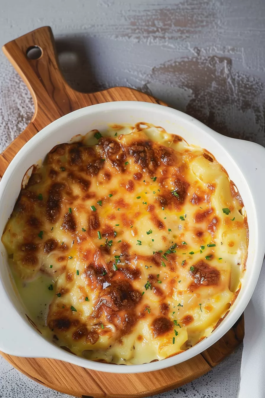 A bubbling casserole of Delmonico potatoes with a cheesy, caramelized top, served in a white baking dish.