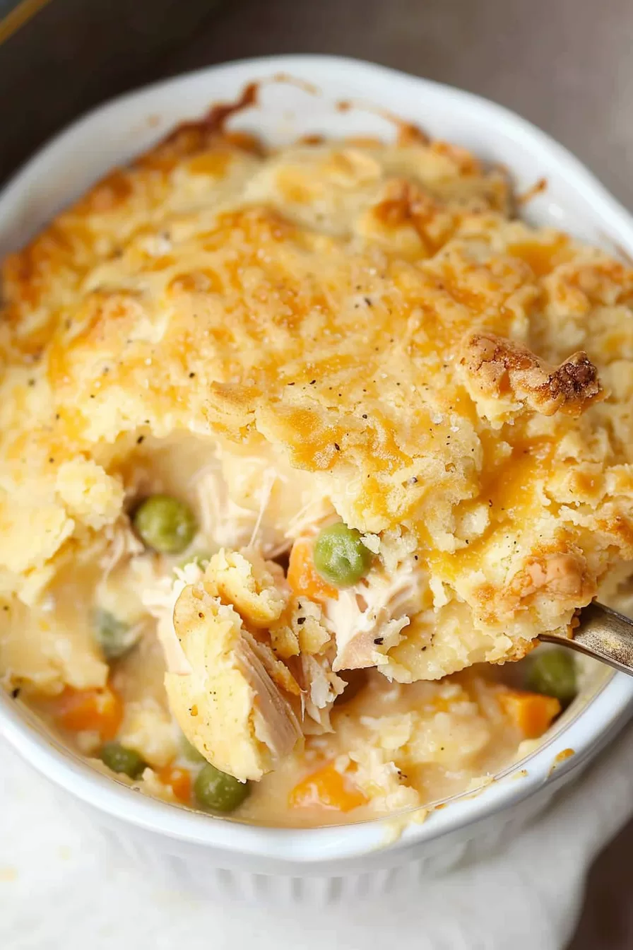 Golden-brown chicken cobbler with peas and carrots, topped with a flaky biscuit crust in a white ramekin.