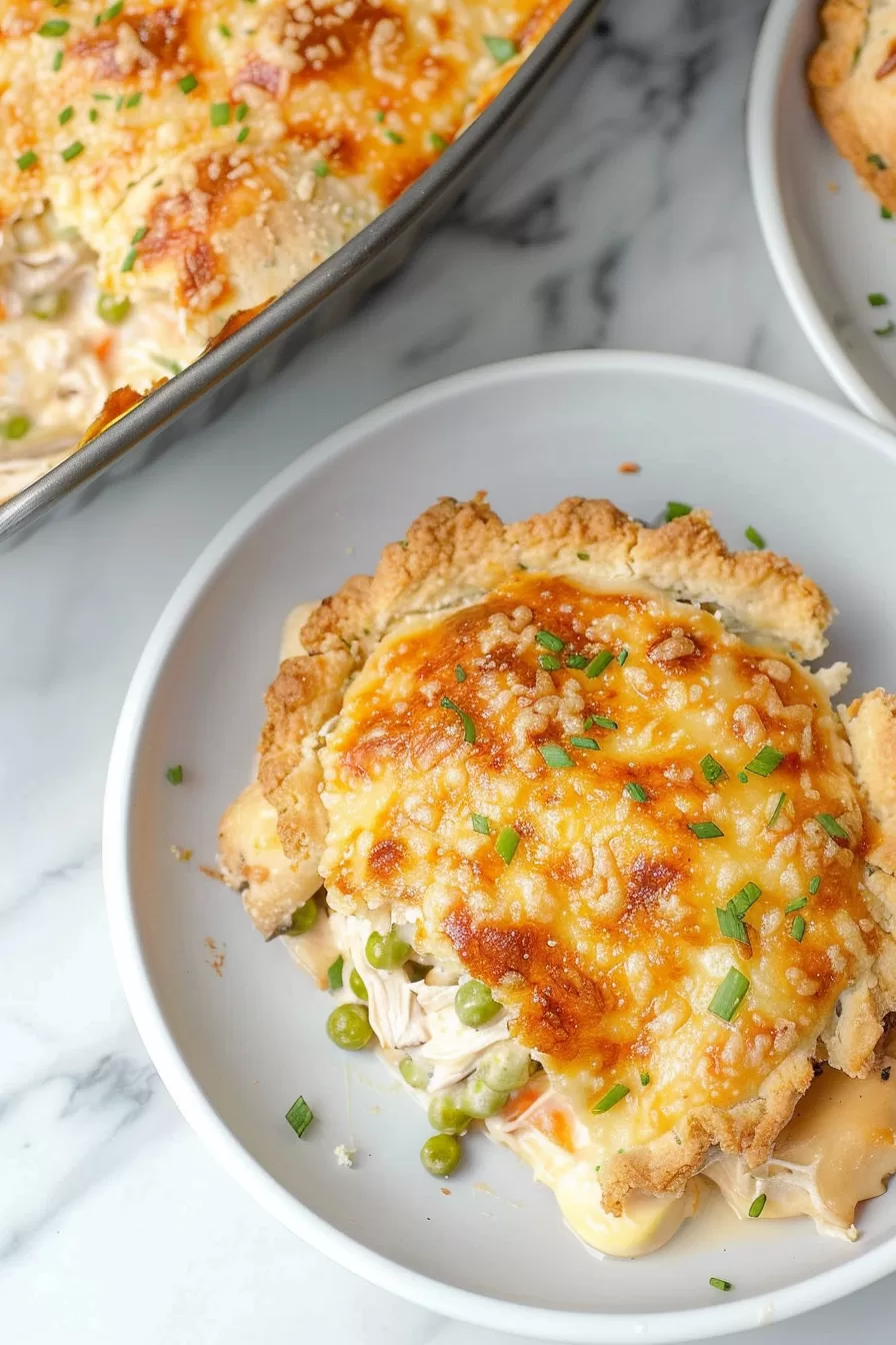 A single serving of creamy chicken cobbler, topped with a cheesy, golden crust, served on a white plate.