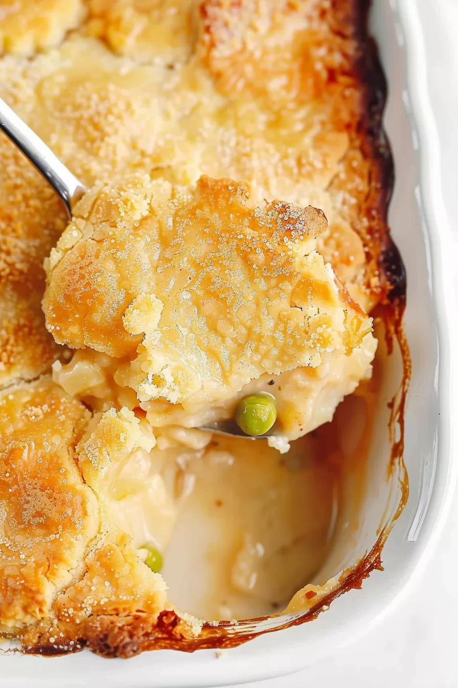 Close-up of a spoon scooping out the hearty filling of chicken cobbler from the casserole dish.