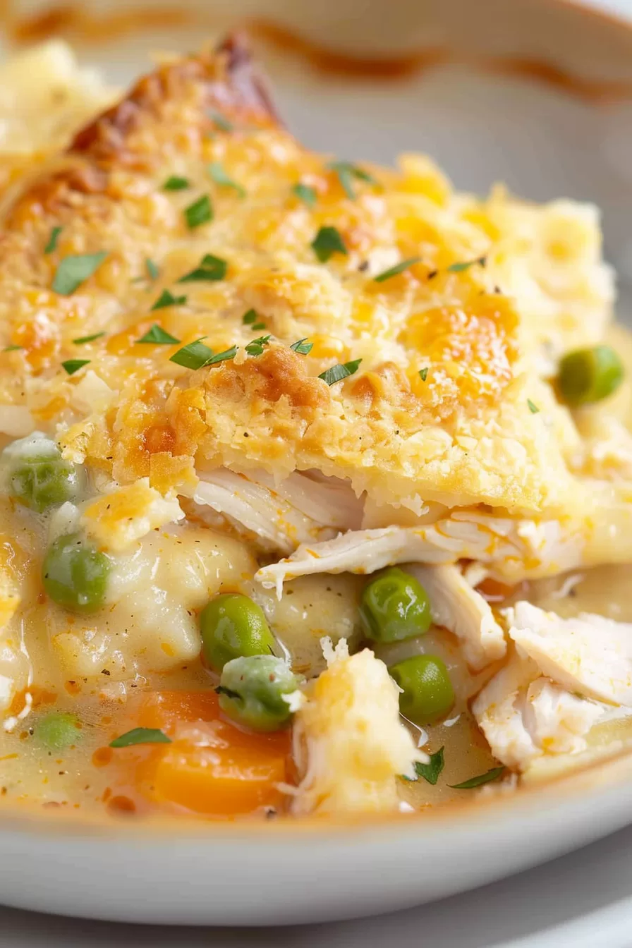 Warm and flaky chicken cobbler, with tender shredded chicken and vegetables peeking through the crust.