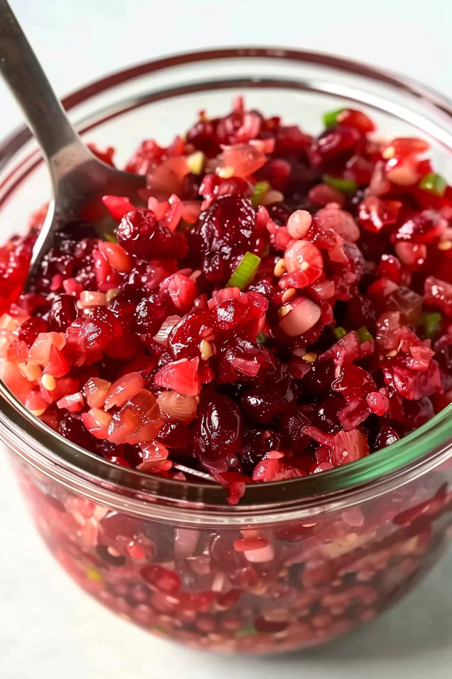 Close-up of a vibrant cranberry relish in a glass bowl with visible chopped cranberries, onions, and herbs.