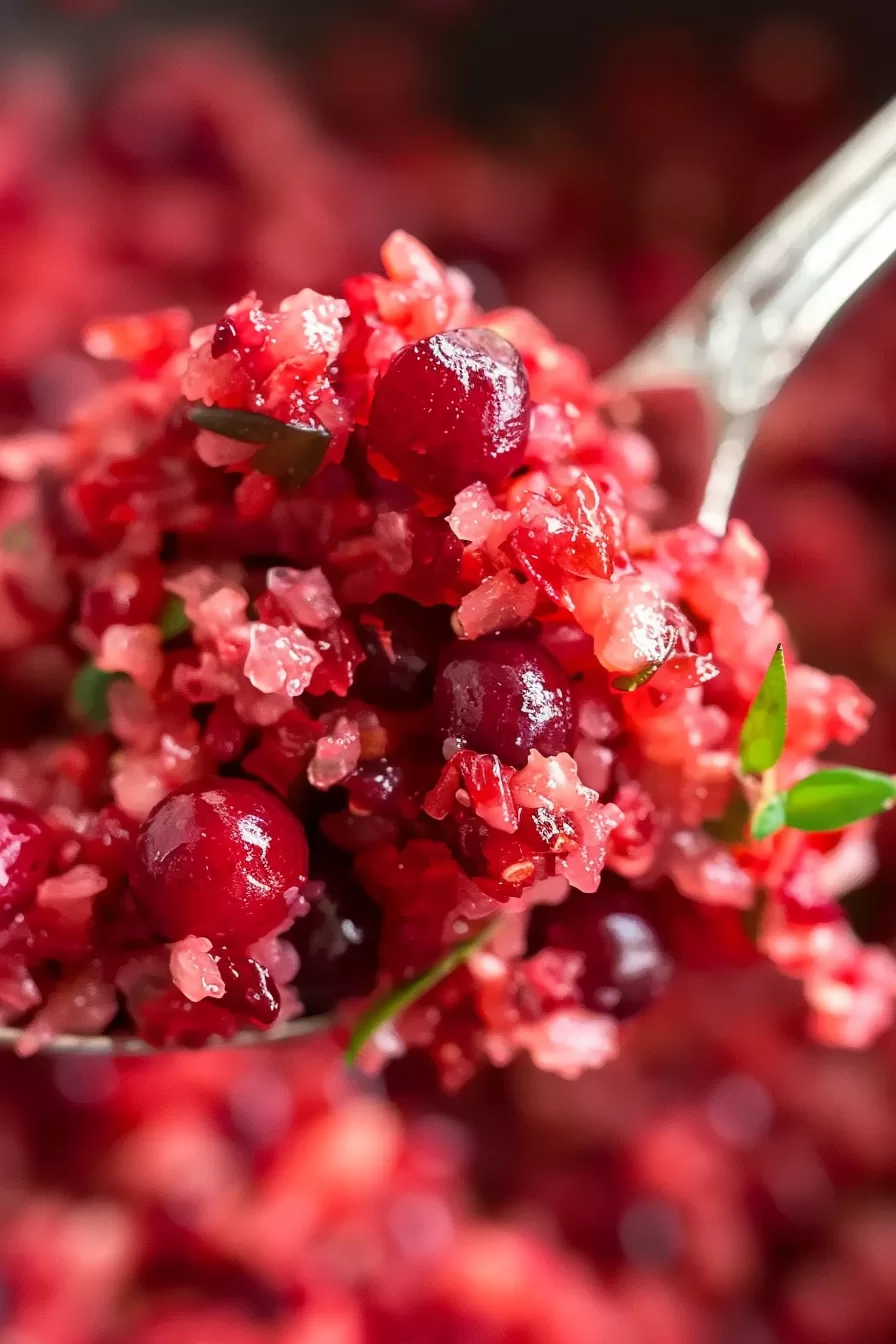 Spoonful of freshly made cranberry relish highlighting the juicy berries and colorful texture.